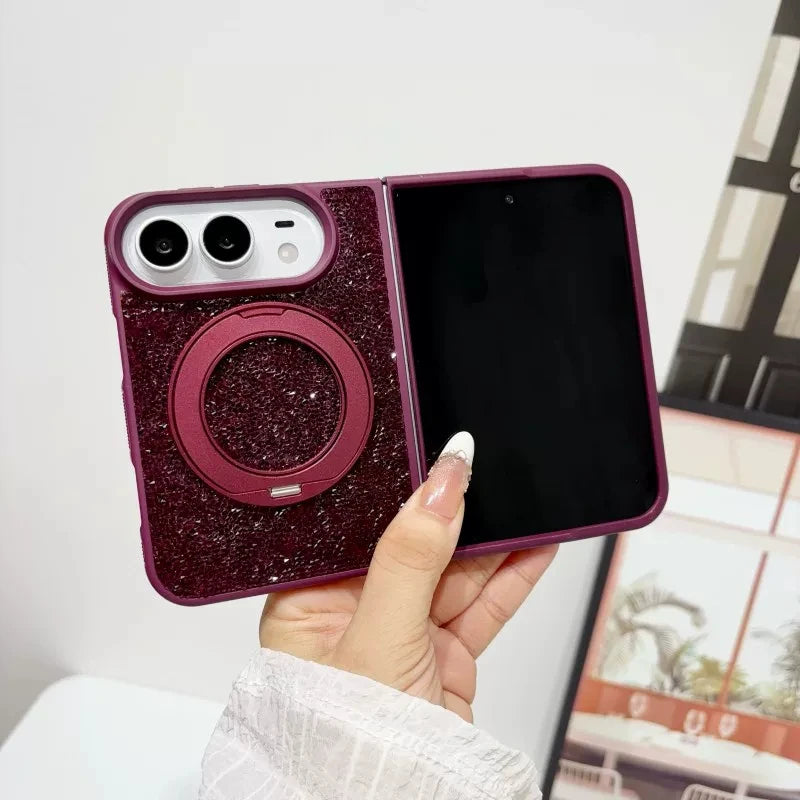 For iPhone Duo New Luxury Shell Flash Diamond 360° Rotating stand Phone Case For Magsafe Magnetic Wireless Charging Girl Cover