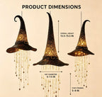 Lighted Witch Hat Hanging Chime, Halloween Outdoor Ornament, Glowing Mesh Cascading Stars, Black Frame Decoration, Party Decor