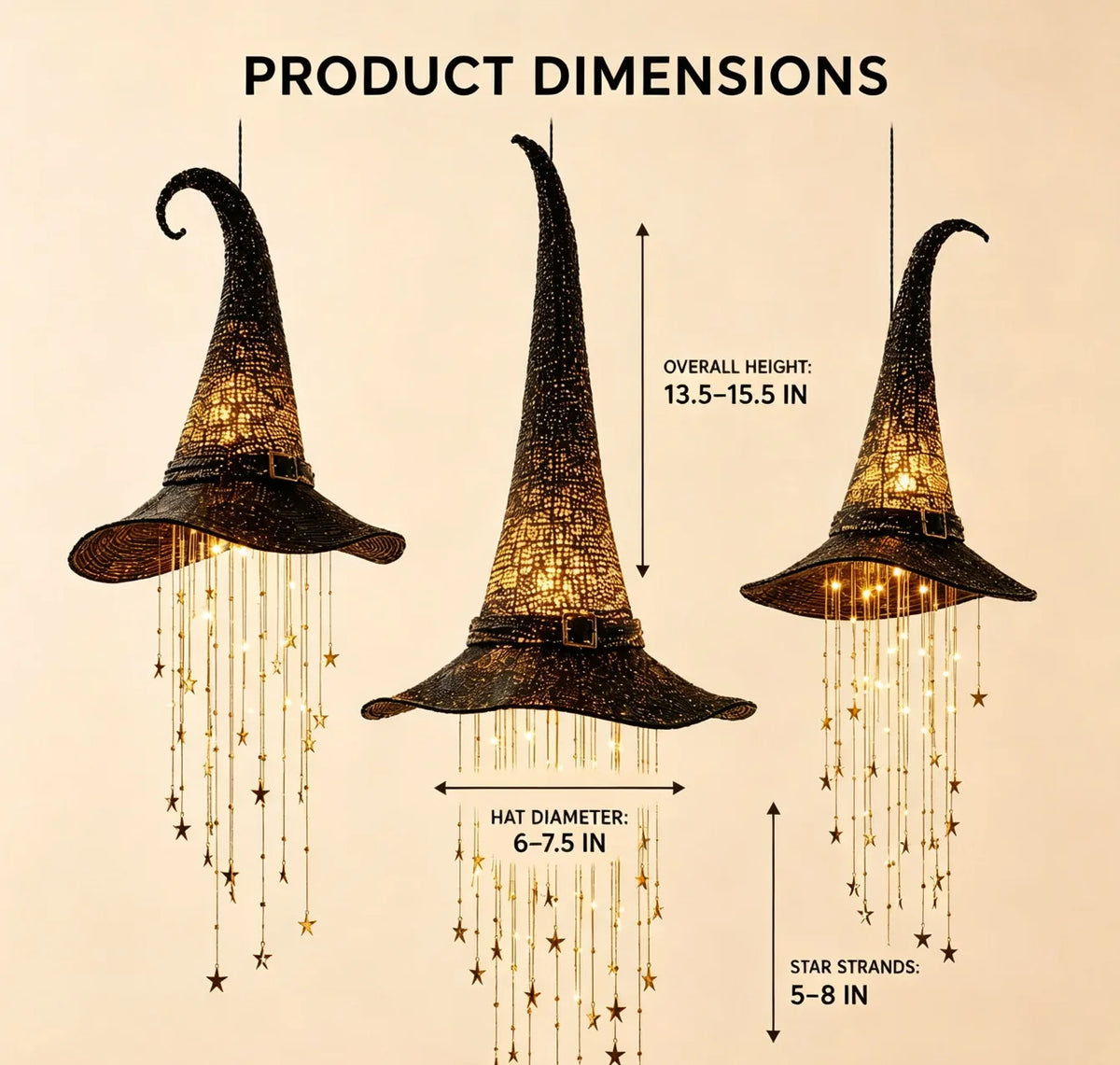 Lighted Witch Hat Hanging Chime, Halloween Outdoor Ornament, Glowing Mesh Cascading Stars, Black Frame Decoration, Party Decor