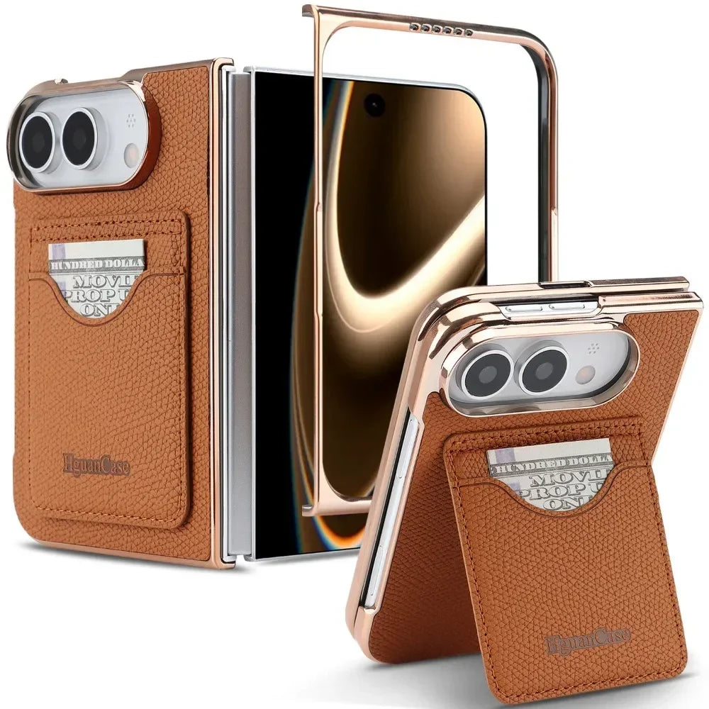 Matte PU Leather Card Phone Case For iPhone Duo 18 Fold Electroplated Frame Foldable Kickstand Drop Protection Cover