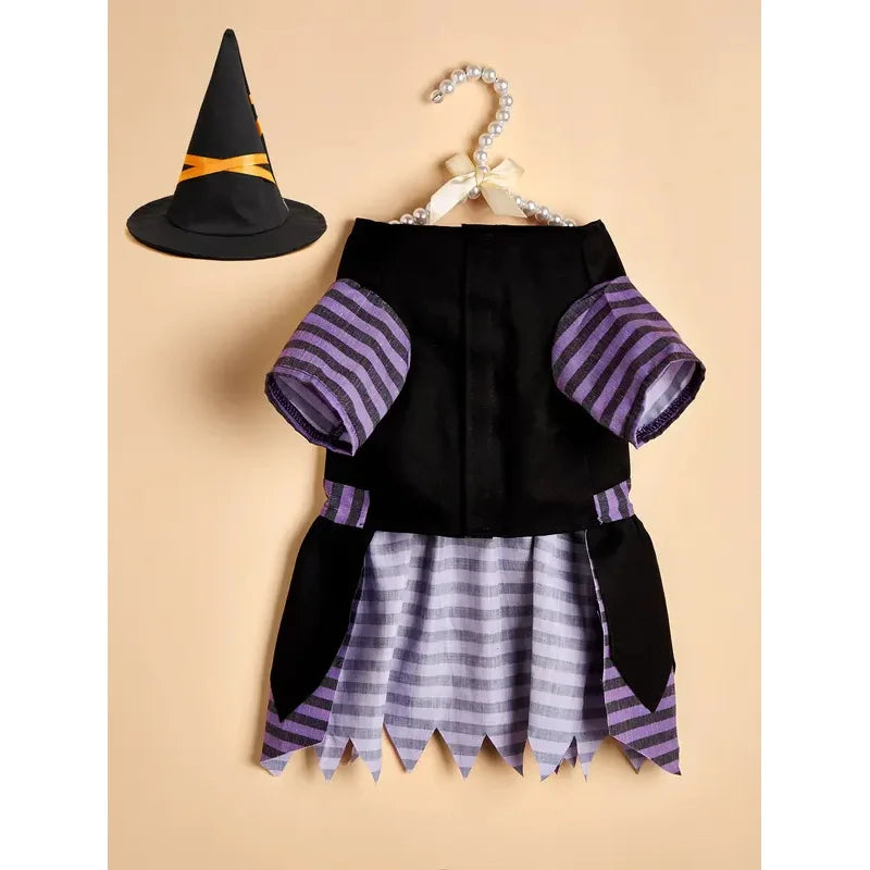 Halloween Pet Witch Costume with Hat Dog Cat Witch Dress Puppy Kitten Cosplay Outfit Holiday Party Fancy Dress