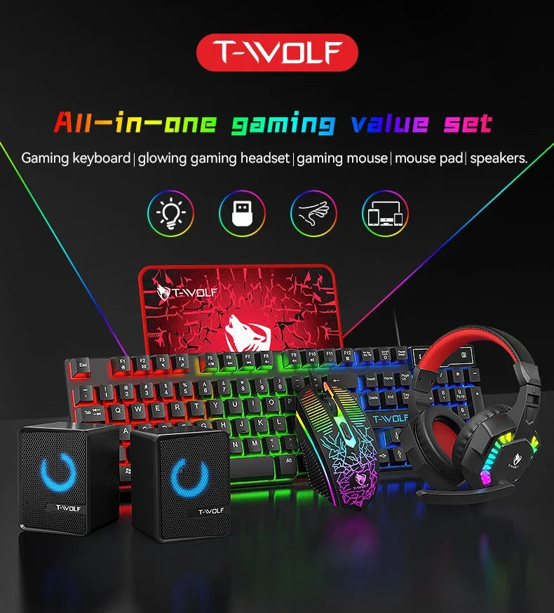 2026 NEW 5-in-1 Set Gaming Combo Keyboard 4-color Breathing Light Mouse 3.5mm Gaming Headset Gaming Speaker Anti-slip Mouse Pad