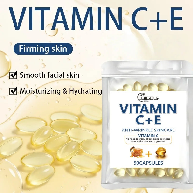 0.34g*50 Capsules of Vitamin C + Vitamin E Facial Care Essence Oil, Moisturizing, Hydrating, Non-Greasy, Say Goodbye to Dry and Rough Skin