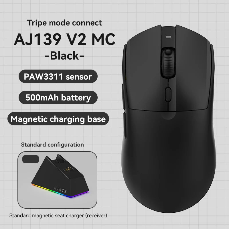 Ajazz AJ139 V2 MC Wireless Gaming Mouse Magnetic Charging Base with Anti Slip Adhesive PAW3311 Sensor Tir Mode Office Mouse