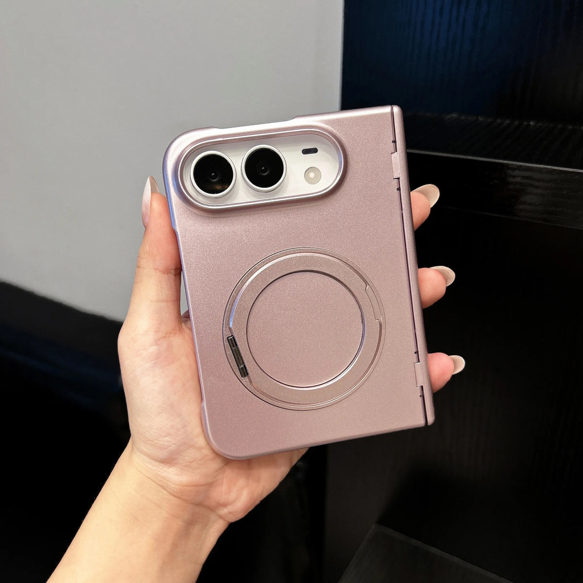 For iPhone 18 DUO Magnetic 360 Bracket Case for iPhone DUO 18 Fold Metallic Paint Spring Axis Protection Wireless Charging Cover