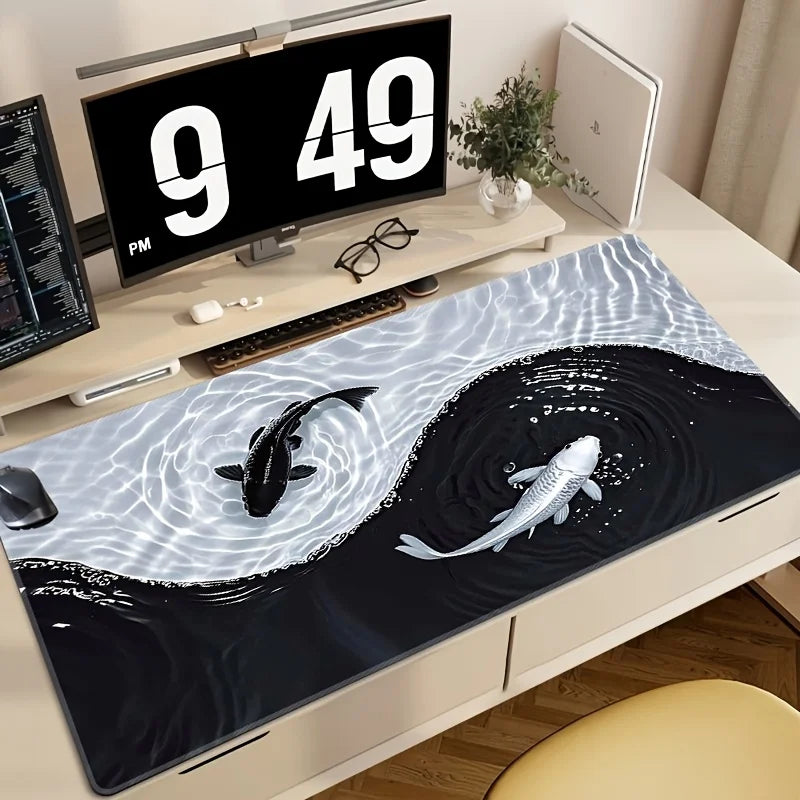Tai Chi Koi Patterned Gaming Mouse Pad Non-Slip Rubber Base Precision Stitched Edges Waterproof Rectangular Desk Mat Office Game