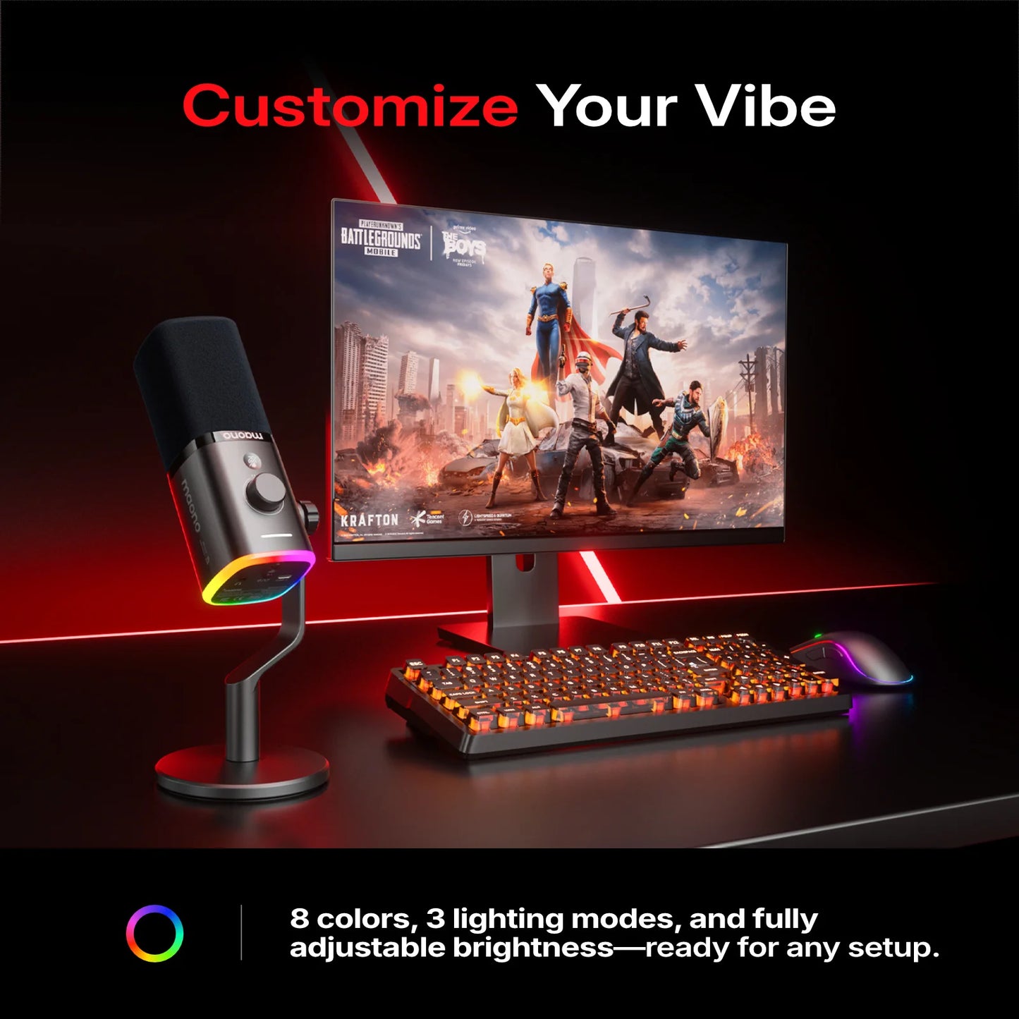 MAONO PD100W Wireless Dynamic Microphone Cardioid Dynamic Mic 50m Range One-Touch Noise Reduction RGB for Gaming Live Streaming