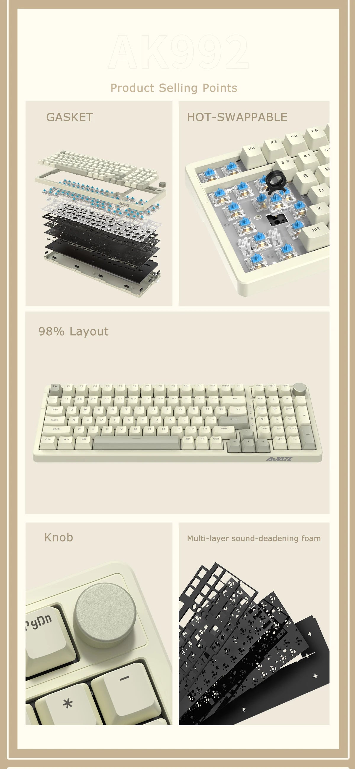 Ajazz AK992 Wired Mechanical Keyboard 98-Key Full Layout  Hot-Swap USB Gaming keyboard Multimedia Key Knob for Desktop PC Laptop