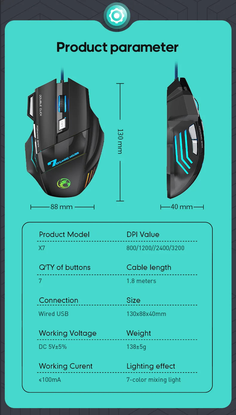 4-Keys Gaming Wired Optical Mouse RGB Backlit 3200DPI Adjustable Ergonomic Design Gamer Mouse For PC Computer Laptop Tablet
