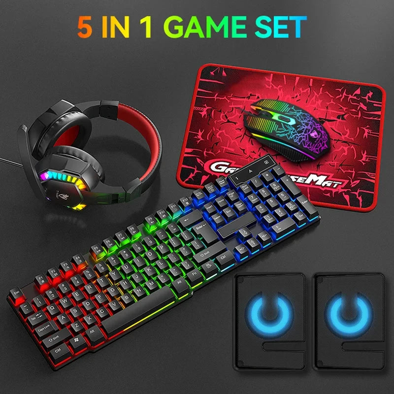 2026 NEW 5-in-1 Set Gaming Combo Keyboard 4-color Breathing Light Mouse 3.5mm Gaming Headset Gaming Speaker Anti-slip Mouse Pad
