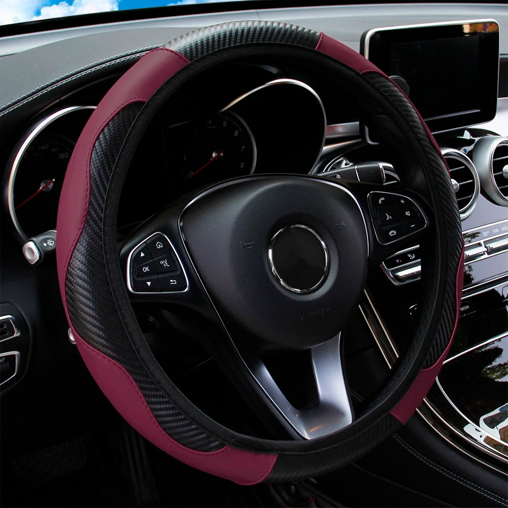 Universal Fit PU Carbon Fiber Leather Car Steering Wheel Cover 14.5-15 Inch No Inner Ring Required Vehicle Decoration Accessory