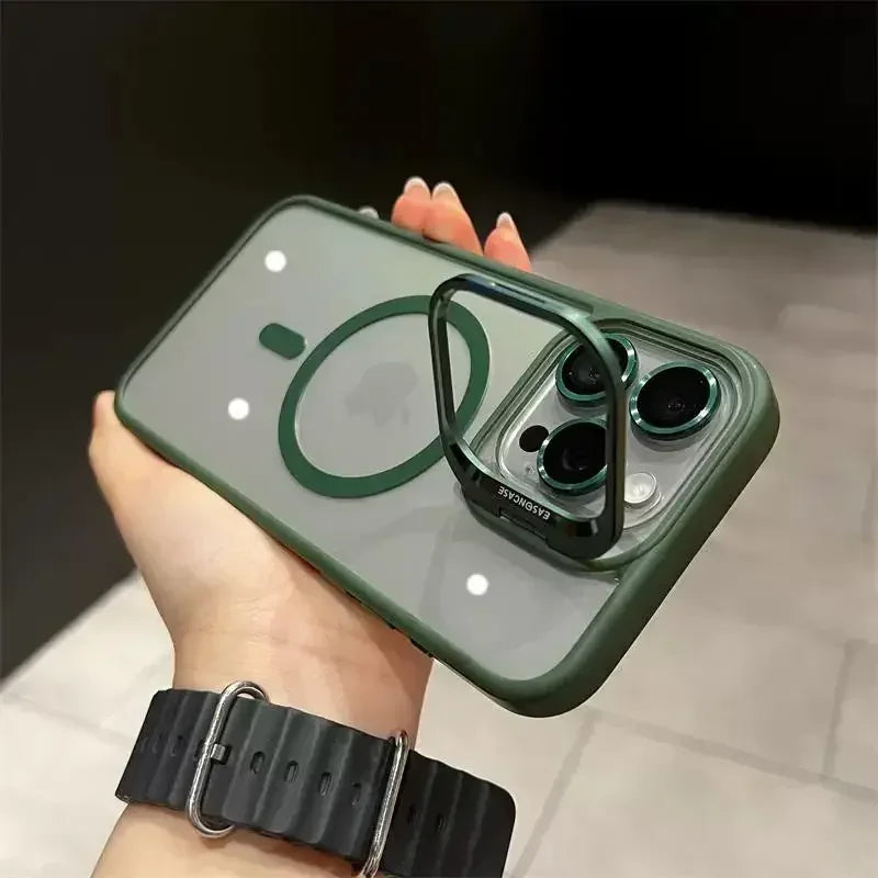 Luxury Magnetic Shockproof Phone Case For iPhone 16 15 14 13 12 17 18 Pro Max For Magsafe Funda Stand Glass Lens Protector Cover