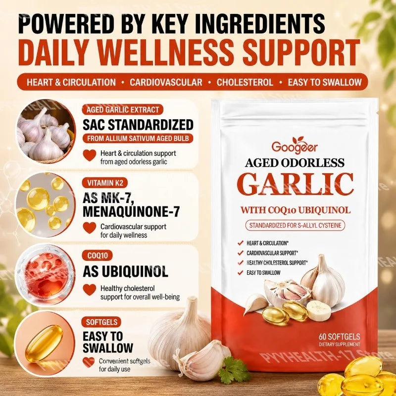 Googeer Aged Odorless Garlic Softgels with CoQ10 Ubiquinol Vitamin K2 (MK-7) for Circulation & Cholesterol Support 60 Softgels
