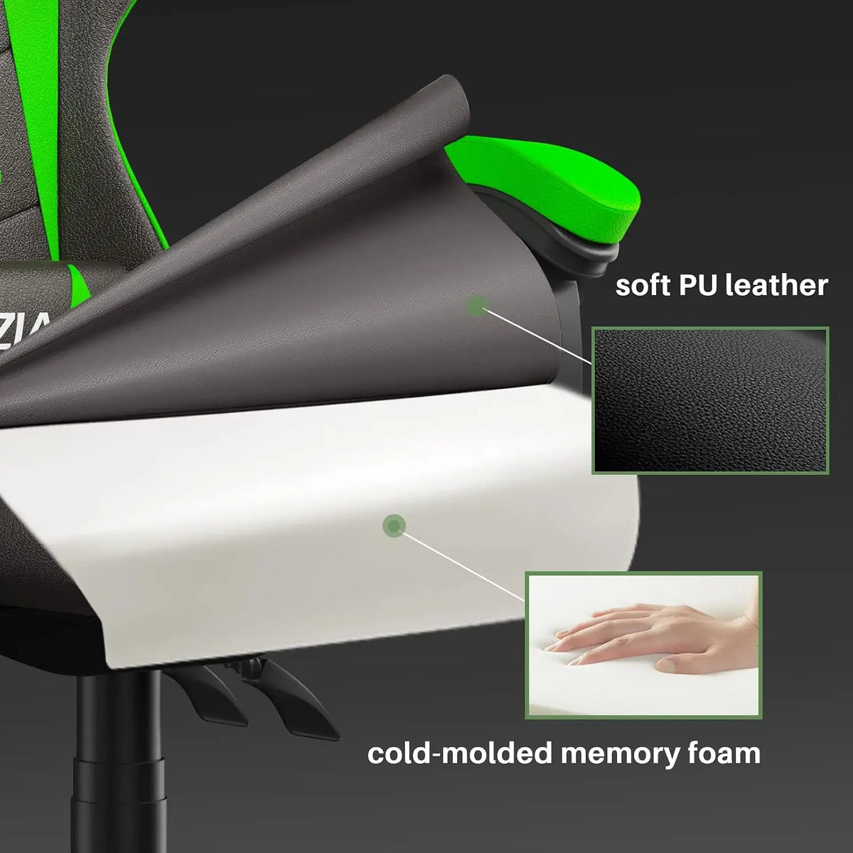 Ergonomic Gaming Chair PU Leather High Back Reclining Office Desk Chair with Lumbar Support, Racing Style, Black Green, Adjustable Headrest