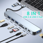 8 in 2 Type C USB HUB Docking Station with 3.5mm Audio Jack for Micro SD Card Reader MacBook Laptop Tablet Phone Disk Converter