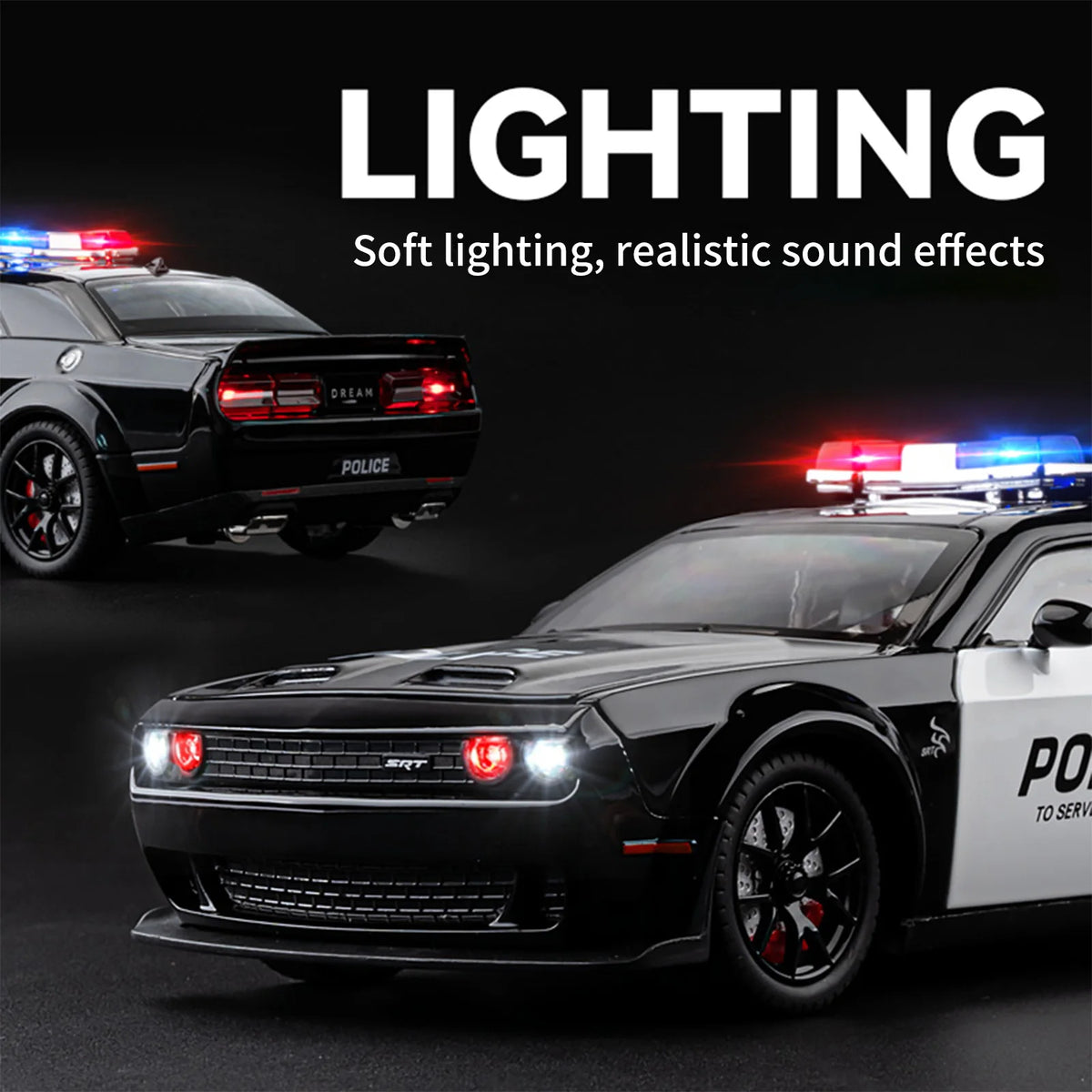 1:24 Challenger SRT Hellcat Police Car Alloy Sports Car Model Metal Racing Car Vehicle Model Sound Light Toy Gift