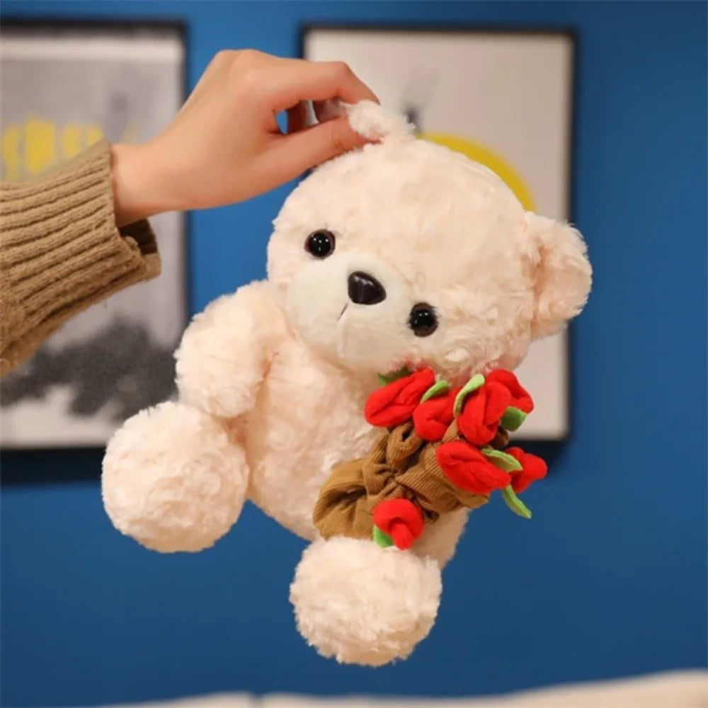 Lovely 16/25CM Bear Plush Toy Romantic Red Heart Rose Bear Doll Cute Soft Holding Flowers Bear Doll Home Decoration