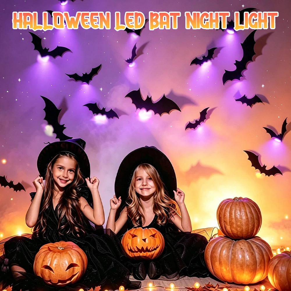 Halloween LED Night Light Self-adhesive 3D Stereoscopic Bat Wall Decal Indoor Bats Decor Lamp Flashing Wall Light Party Supplies