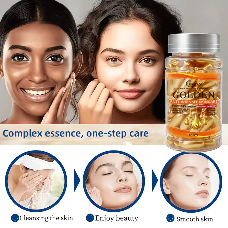 80 Capsules of Facial Anti-Wrinkle Serum, Rich in Vitamins C, E, and Squalane, Moisturizes and Nourishes the Skin, Making It Smooth and Delicate, Packaged in Capsule Form, Hygienic and Portable