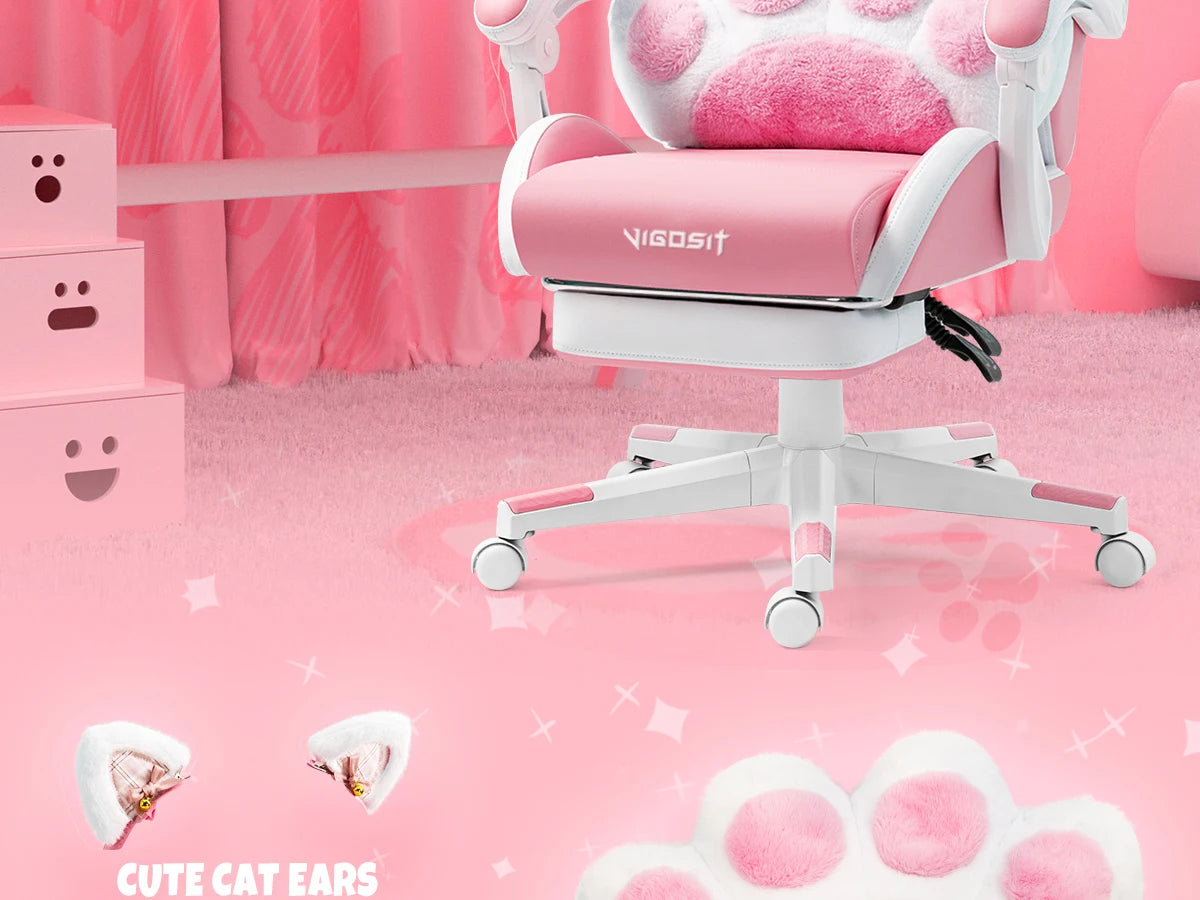 Vigosit Gaming Chair Cute Ears and Kawaii Pillow Ergonomic Computer Game Chair for Girls with Lumbar Support