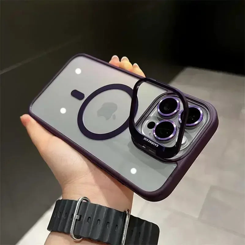Luxury Magnetic Shockproof Phone Case For iPhone 16 15 14 13 12 17 18 Pro Max For Magsafe Funda Stand Glass Lens Protector Cover