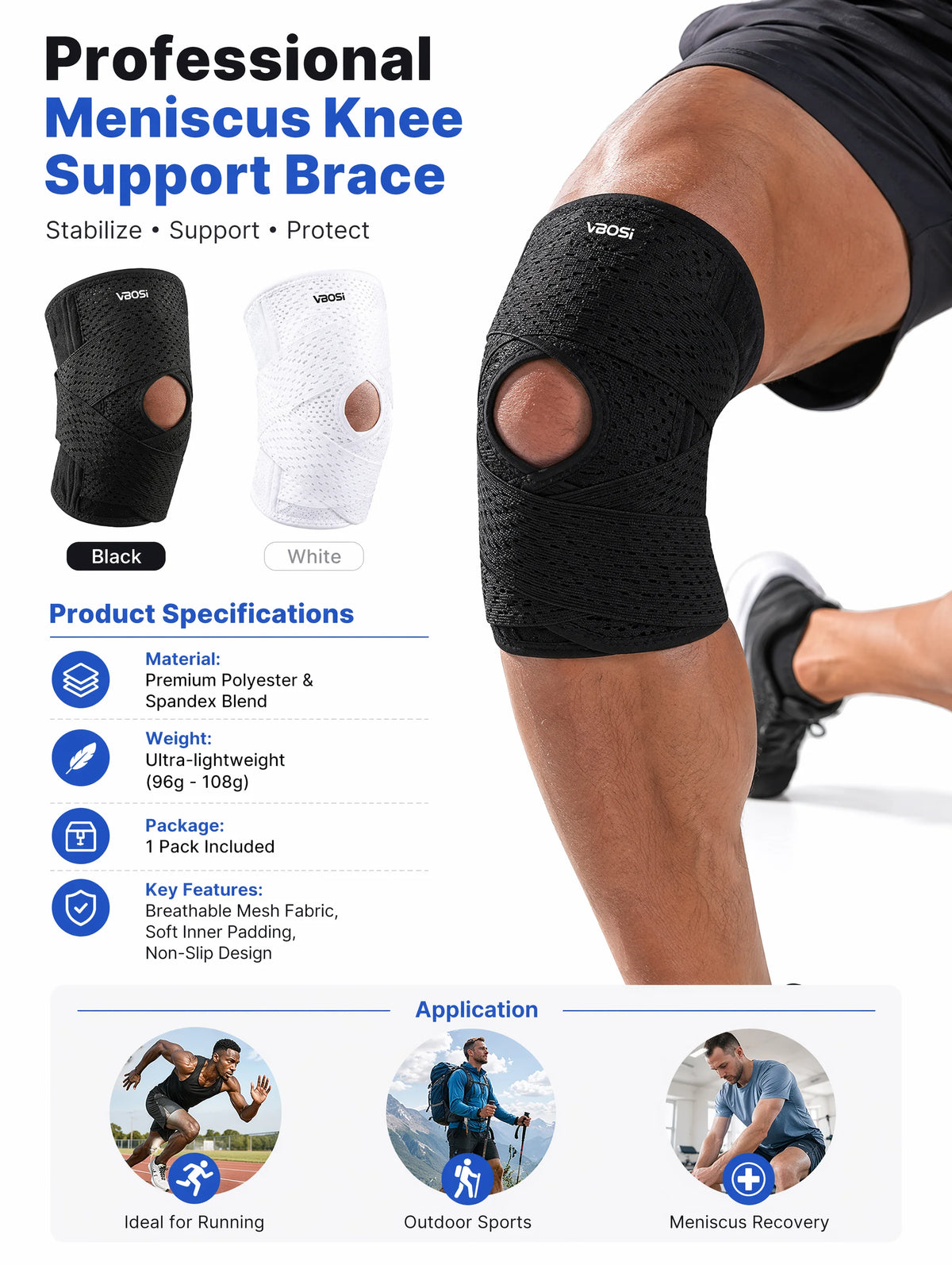 VBOSI Compression Knee Pad For Relieve Meniscal Tear Knee Pain Arthritis Joint Pain Relief Breathable Knee Support