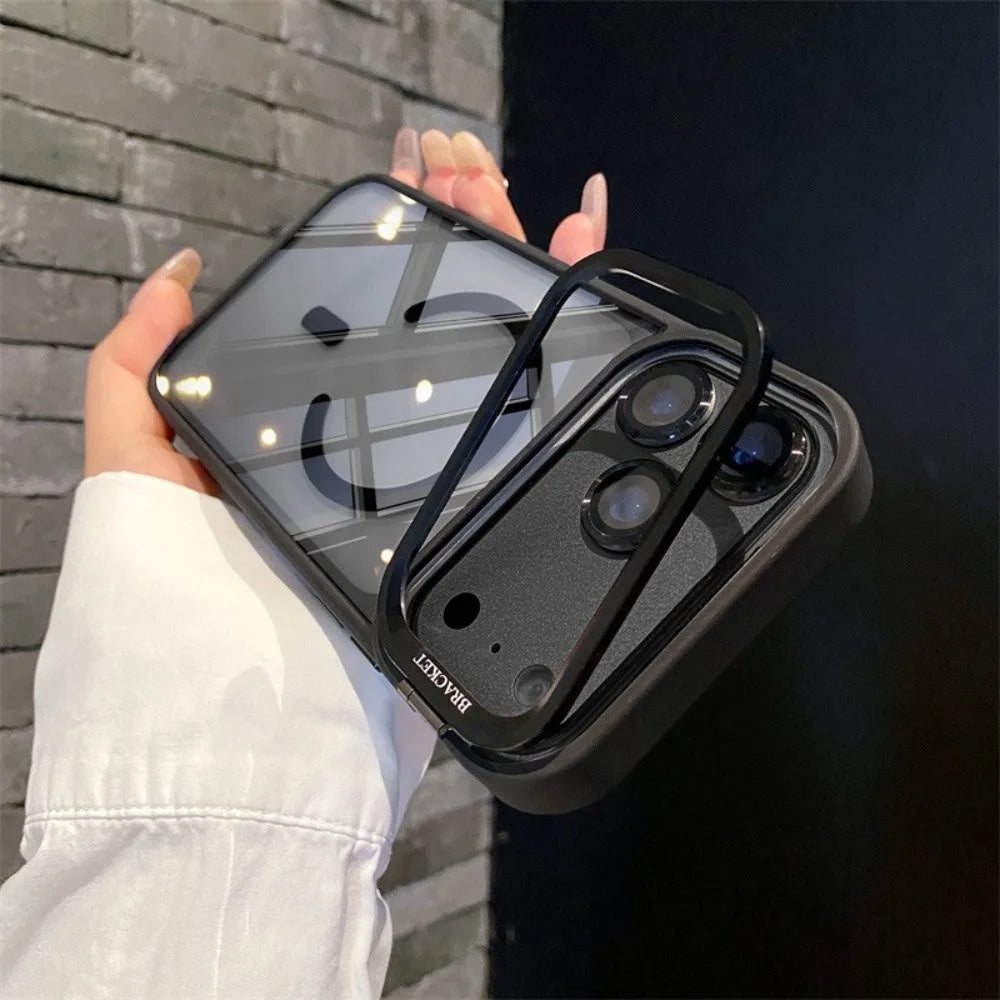 Luxury Bracket Stand Magnetic Phone Case for iPhone 18 Pro 17 16 Plus 15 14 13 12 Pro Max With Lens Protector Cover for Magsafe