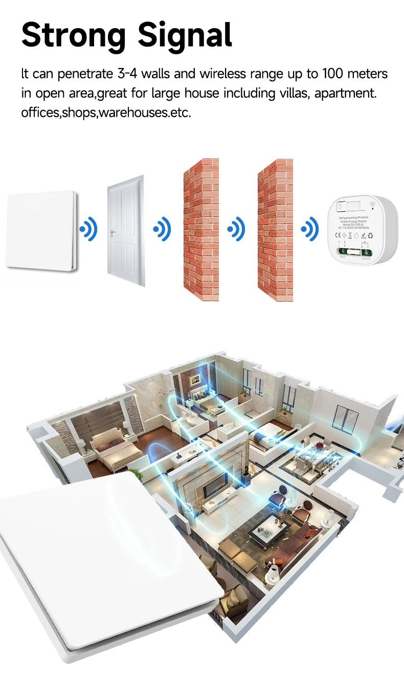 Self-powered Wireless Wall Switch No Battery Required 86Type RF433Mhz Waterproof Wall Switch