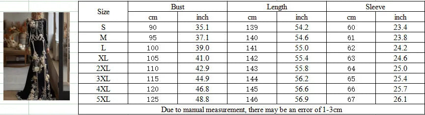 New Halloween White Bone Skeleton Long Sleeved Dress Dark Rose Printing Flower Slimming Holiday Party Dress 2026