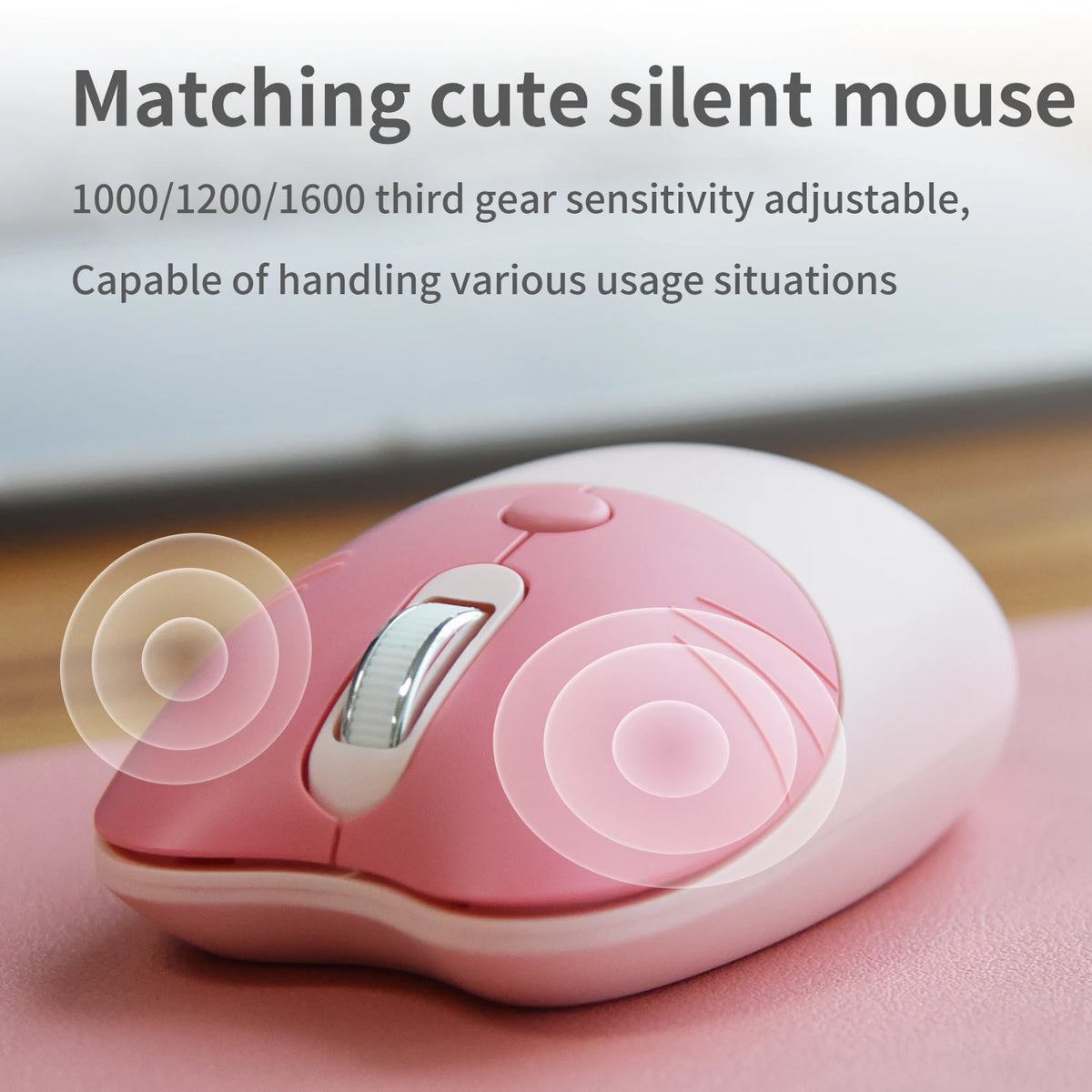 GEEZER Wireless Silent Keyboard Mouse Combo, Pink-Black Cat Ear Retro Round Keycaps US QWERTY Layout
