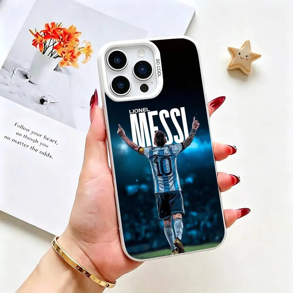 Messi Football Case for iPhone 17 16 15 14 13 12 11 Plus Pro Max Silver