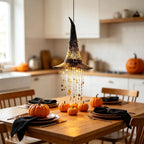 Lighted Witch Hat Hanging Chime, Halloween Outdoor Ornament, Glowing Mesh Cascading Stars, Black Frame Decoration, Party Decor