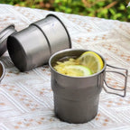 Pure Titanium Camping Cup with Lid Foldable Handle Lightweight Single Wall Mug Open Fire Coffee Tea Cup for Hiking Backpacking