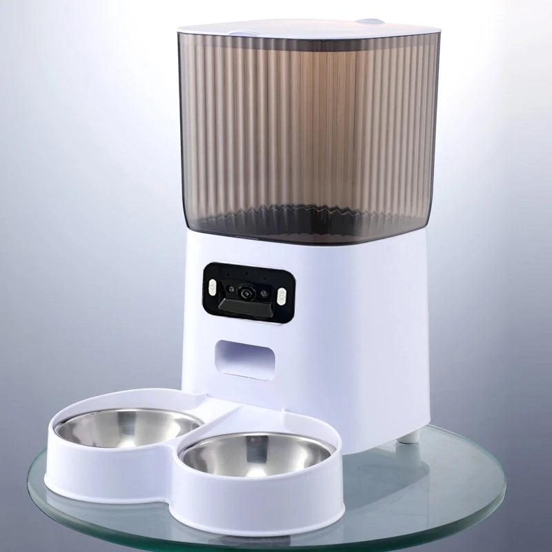 5L Pet Feeder with Camera Automatic Cat Feeder Smart Dog Food Dispenser WiFi Timing Stainless Steel Feeding Bowl（No 5V 2A Plug）