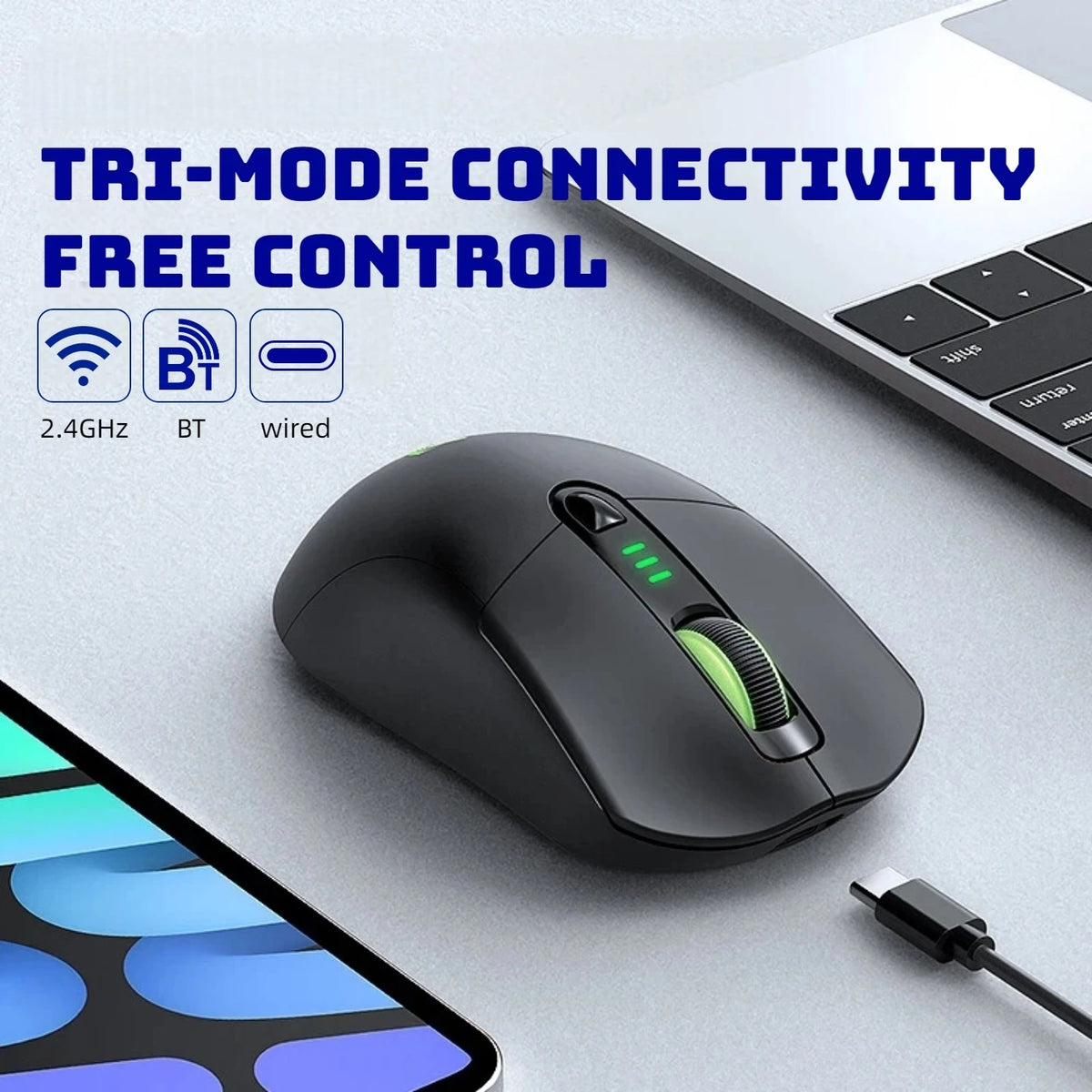 Tri Mode Gaming Mouse Wireless RGB Backlit 12800 DPI 2.4G Bluetooth Type-C Rechargeable Red Ergonomic 1000Hz