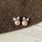 Sweet Shiny Bow Stud Earrings Women Zircon Pearl Small Earrings Elegant Delicate Versatile Christmas Party Jewelry Accessories