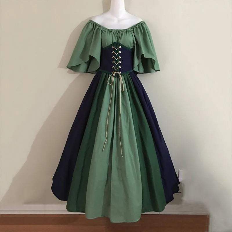 Women Patchwork Medieval Renaissance Dress Halloween Gothic off Shoulder Retro Long Dress