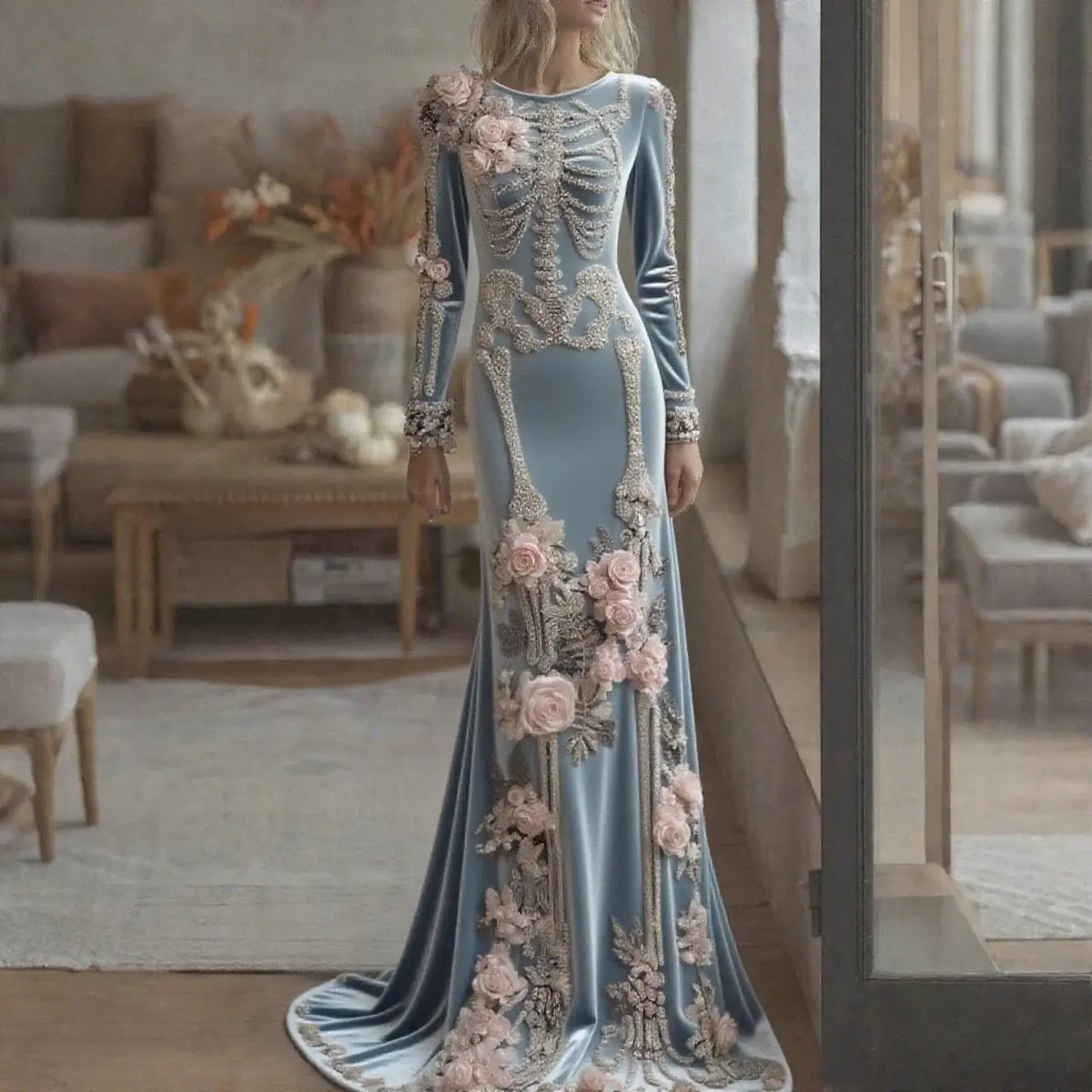 New Halloween White Bone Skeleton Long Sleeved Dress Dark Rose Printing Flower Slimming Holiday Party Dress 2026