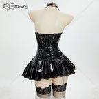 Meowcos Miss Misa Cosplay Costume Women  Halloween Gothic  Black Lace-up Corset Top and Skirt with Net Stockings and Sleeves
