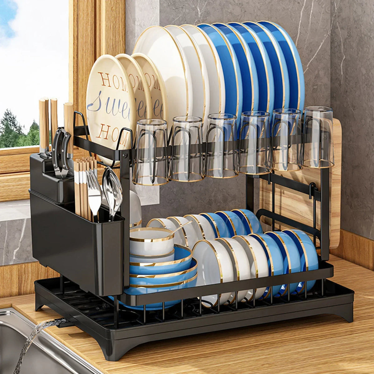 2 Tier Stainless Steel Dish Drying Rack With Drainboard Kitchen Tableware Storage Organizer