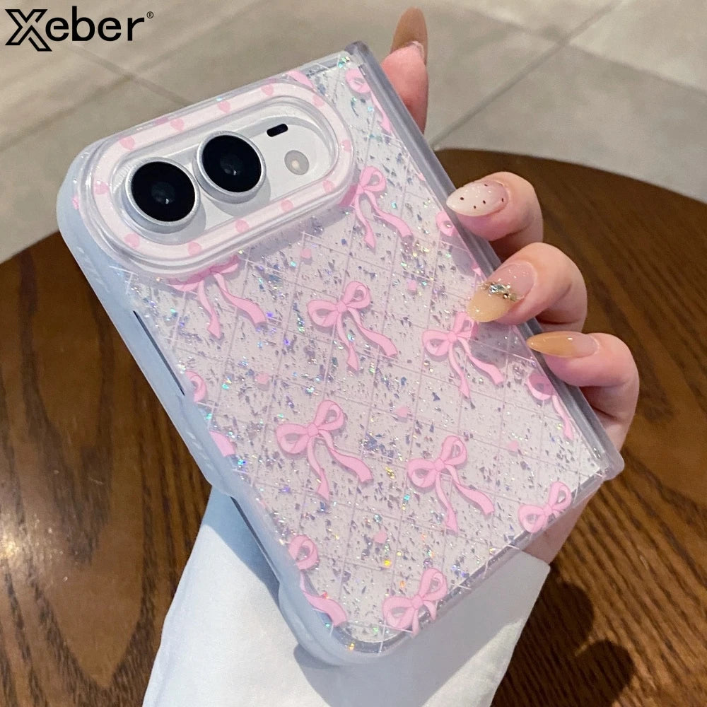 Luxury Glitter Sequins Transparent Bows Phone Case For iPhone Duo Clear Hinge Protection Soft Silicone Shockproof Bumper Cover