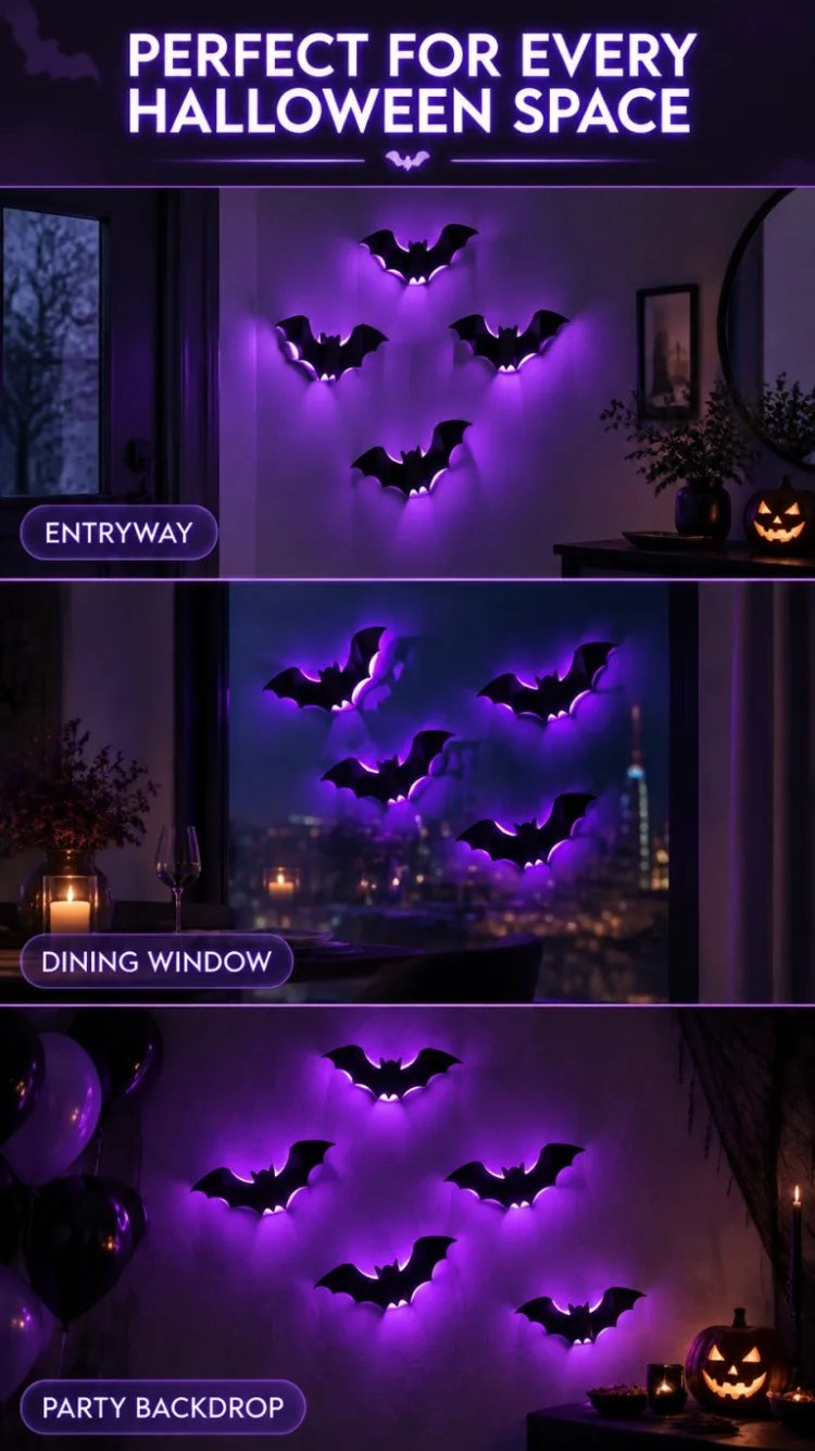 Halloween LED Night Light Self-adhesive 3D Stereoscopic Bat Wall Decal Indoor Bats Decor Lamp Flashing Wall Light Party Supplies