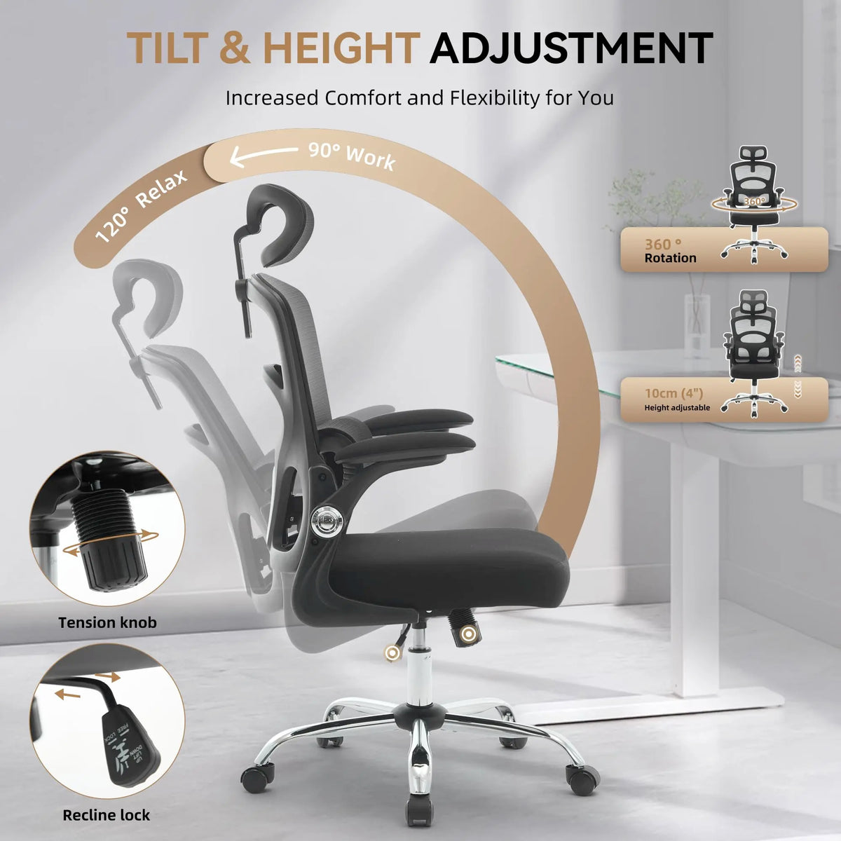 Ergonomic High-Back Mesh Chair Adjustable Headrest Lumbar Support 360° Swivel Rolling Computer Gaming Chairs for Home Office