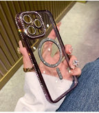 New Fashion Glitter Diamond Transparent Case For iPhone 16 15 14 13 17 12 18 Pro Max Plus Magnetic Wireless Charge Bumper Cover