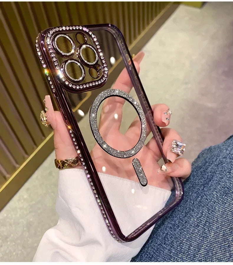 New Fashion Glitter Diamond Transparent Case For iPhone 16 15 14 13 17 12 18 Pro Max Plus Magnetic Wireless Charge Bumper Cover
