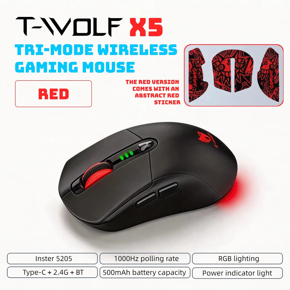 Tri Mode Gaming Mouse Wireless RGB Backlit 12800 DPI 2.4G Bluetooth Type-C Rechargeable Red Ergonomic 1000Hz