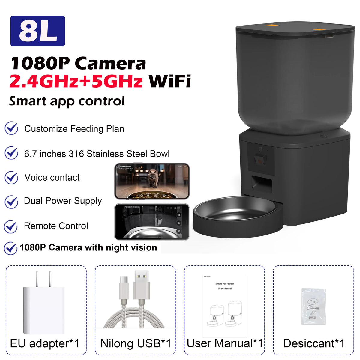 8L Automatic Cat Feeder With 1080p Camera Video 5G WiFi Cat Food Dispenser Pet Smart Voice Recorder Tuya APP Pet Auto Feeder
