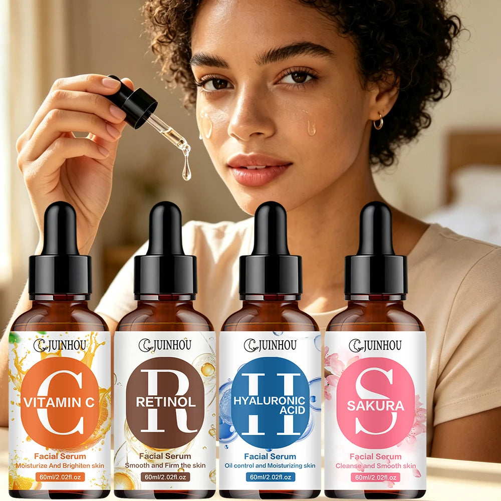 JUINHOU 4pcs Vitamin C + Retinol +Sakura + Hyaluronic Acid Serum Brightening & Hydration Combo Supple Skin For All Skin Type