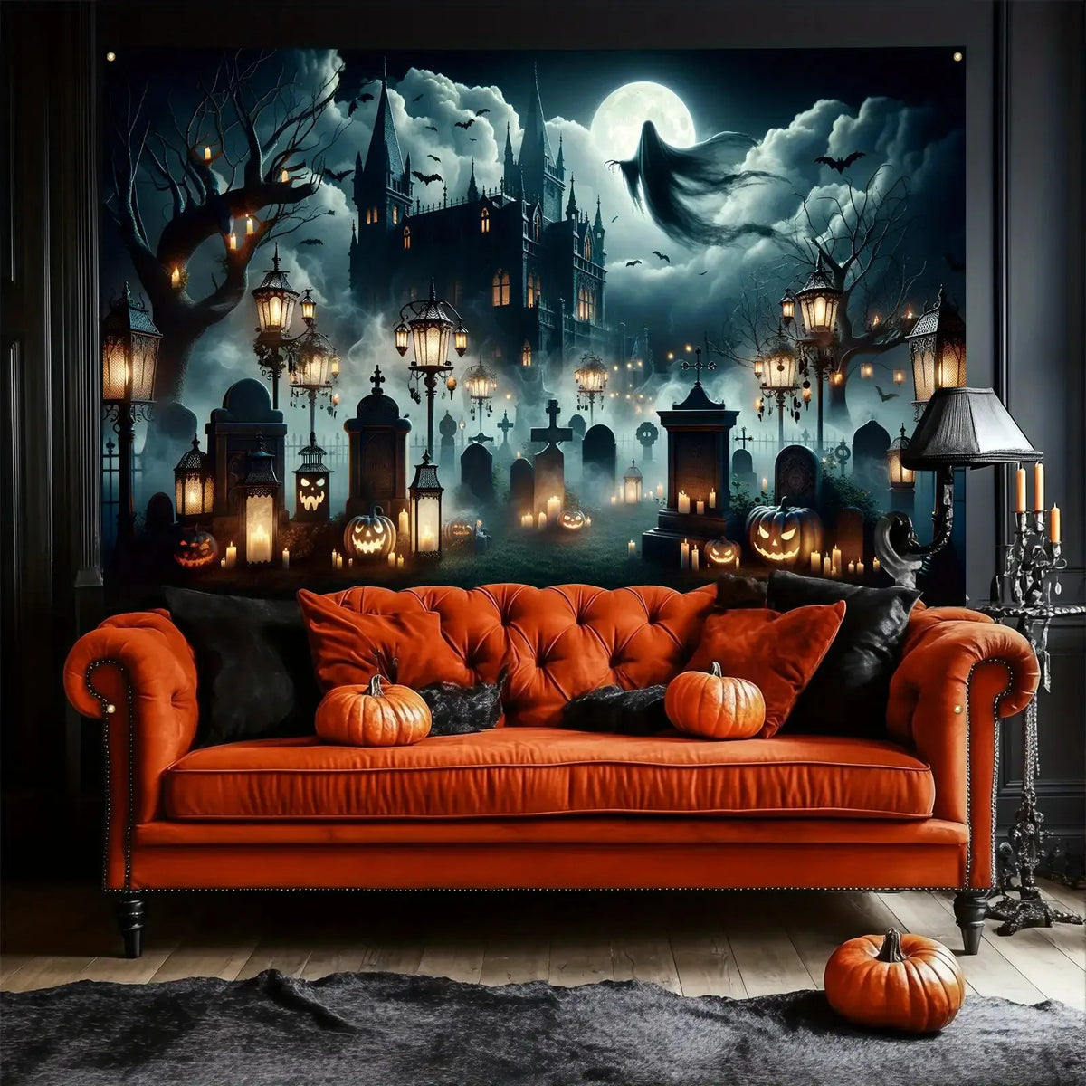 A 2D flat ghost Gothic-style Halloween polyester background banner with a cemetery and ghosts, suitable for party decoration