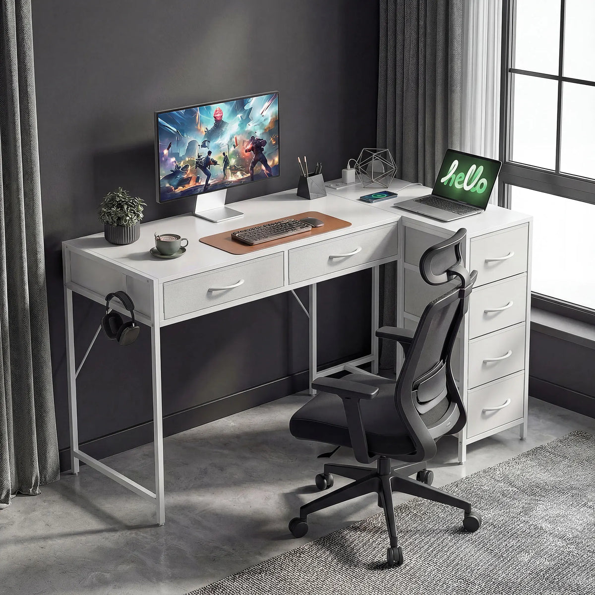Homcom Reversible Corner Desk with 6 Drawers 126X48 cm with Power Outlet USB and Usb-C Charging Port White